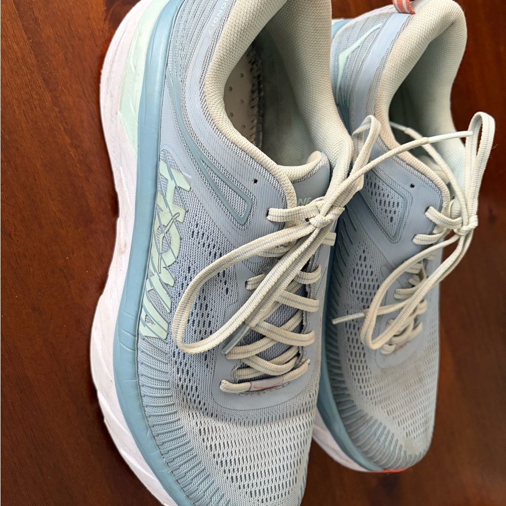 Hoka One One Bondi 7 Shoes in Light Blue and White